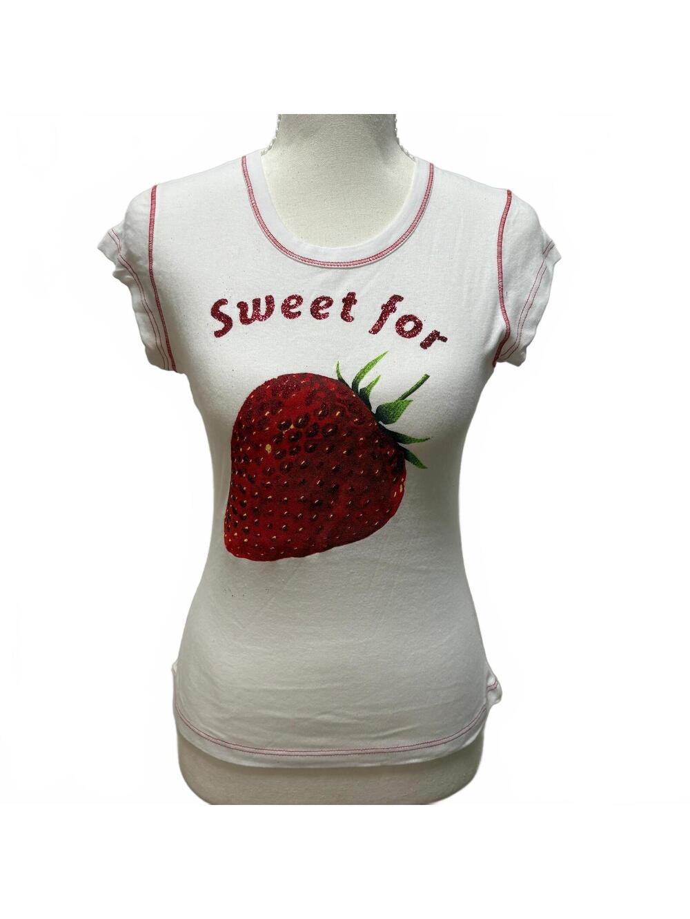 VTG Y2K Helium Strawberry Sequins Graphic Baby Tee Women's M White Cottage Fairy